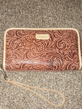 Consuela Pink Floral Embossed Leather Wristlet with Tan Trim